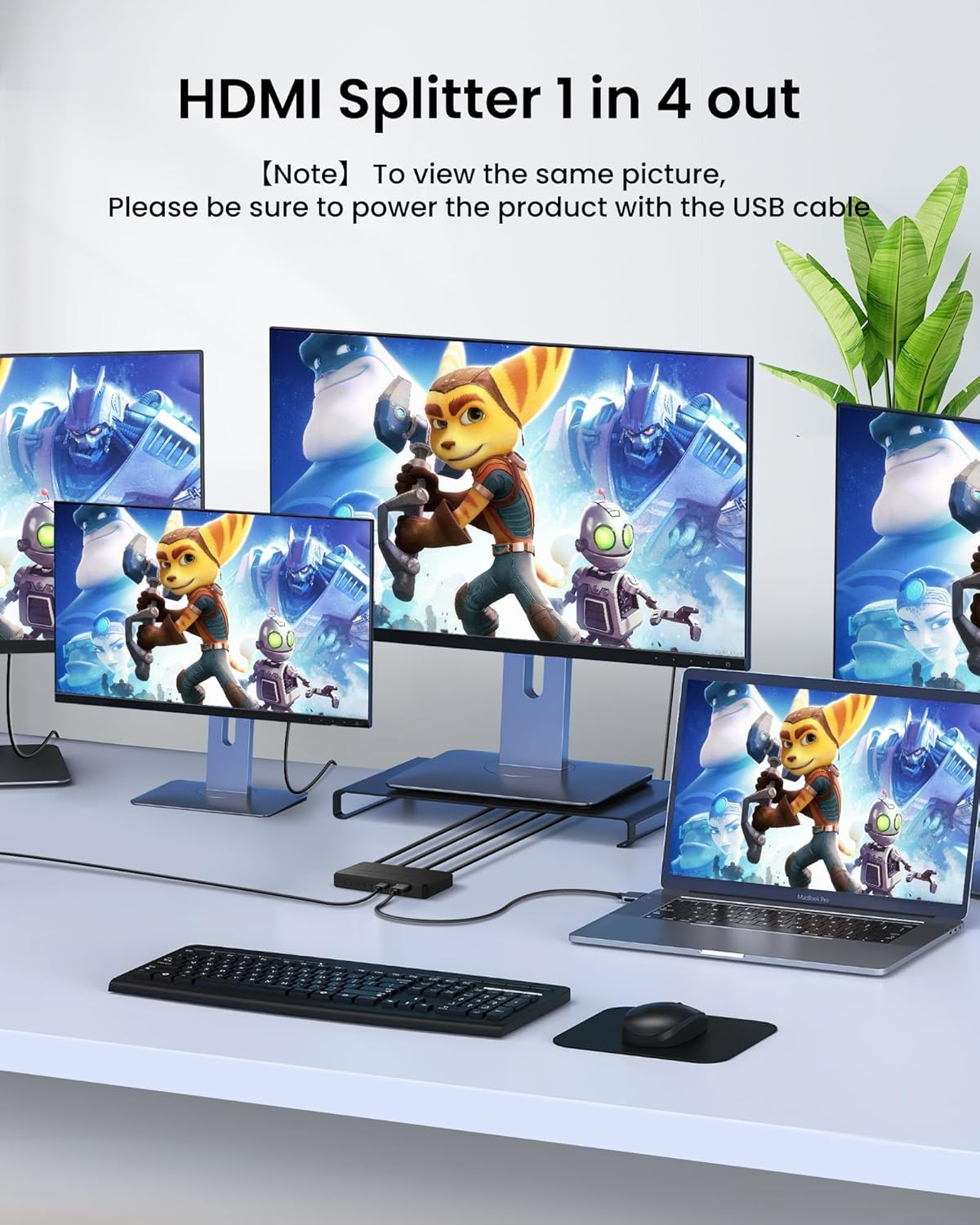 HDMI Splitter 1 in 4 Out【With 1M HDMI Cable 】 4K Splitter for Dual Monitors Mirror Only, 1X2 HDMI Splitter 1 to 2 Amplifier for Full HD 1080P 3D. image number 4