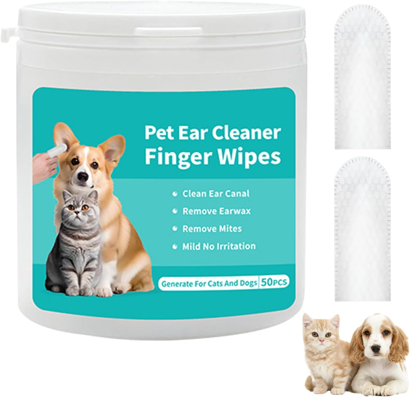 50 Counts Pet Ear Wipes,Ear Cleaner Finger Wipes for Cats and Dogs,Soft & Easy Otic Cleaning Pads,Grooming Kit Care，Soothing Cleansing，Reduce Dirt Wax Build up Easy to Use，No-Rinse Dog Finger Wipes