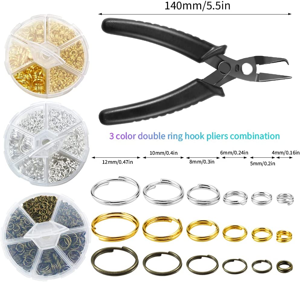 FSWCCK Split Rings Kit, 2070 PCS Double Loops Split Jump Ring with Split Ring Pliers, Mini Metal Ring Connectors 4Mm To12Mm for Jewelry Making and DIY Crafts, Silver, Gold and Bronze image number 3