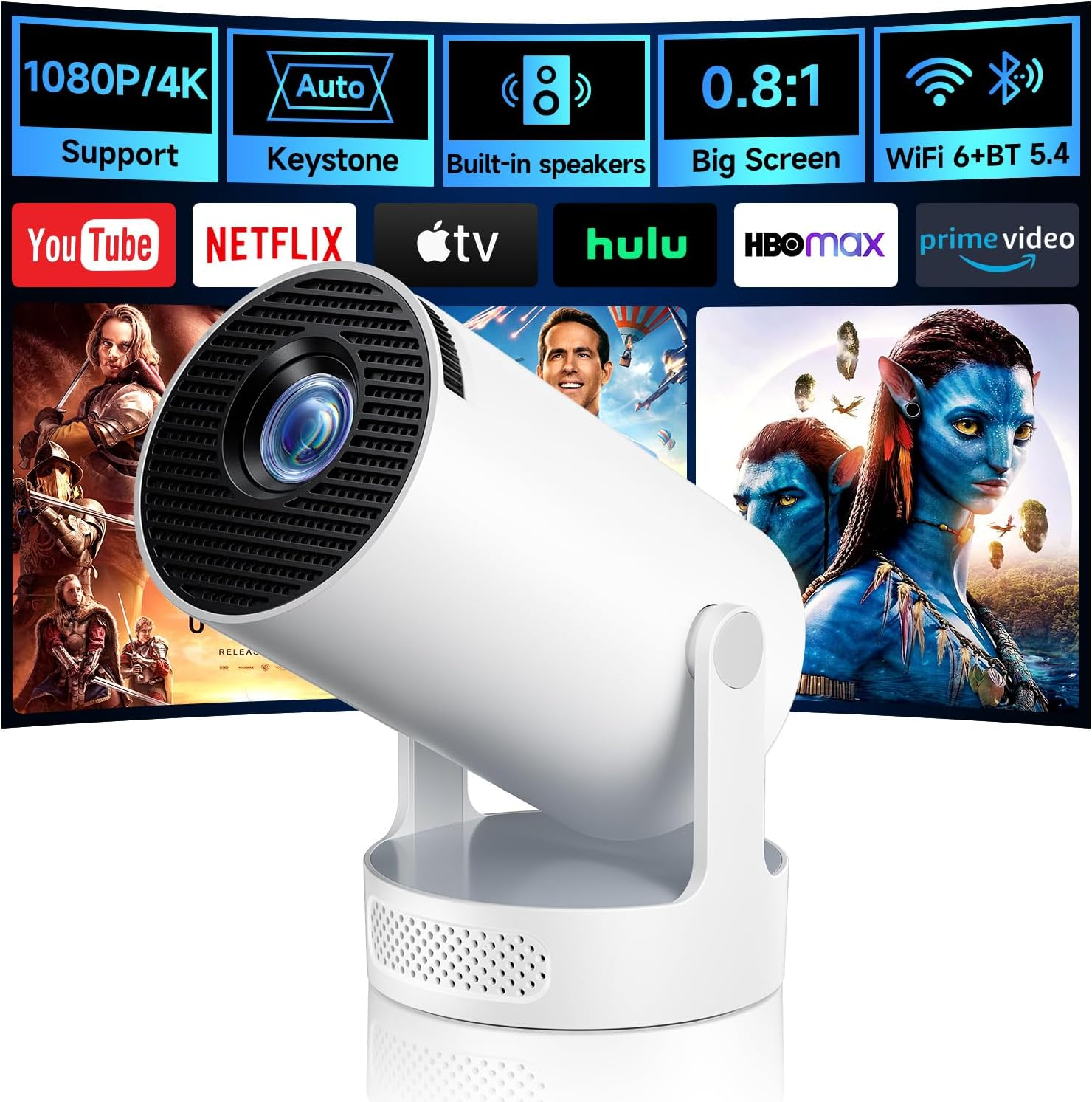 Kimwood Projector with Upgraded Base Speaker, [Built-In Apps] Mini Portable Projector Lower Noise Auto Keystone Wifi 6 Bluetooth 5.4, 0.8:1 Ultra Short Throw Projectors for Big Screens in Small Rooms image number 2