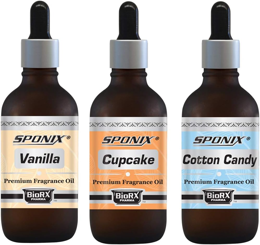 Top Fragrance Oil Set - Best 3 Scented Oils - Cupcake, Cotton Candy and Vanillae - 1 Oz by Sponix