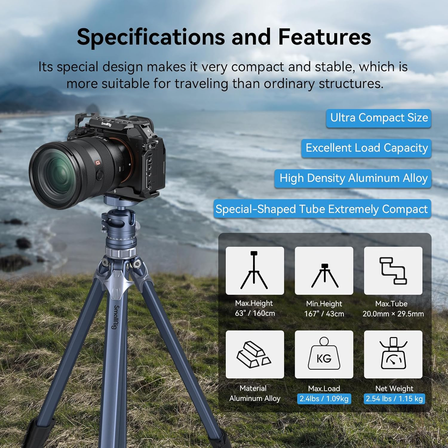 Smallrig 63" Lightweight Travel Tripod, Camera Tripod with Compact Unconventional Center Column, 360&deg; Ball Head, QR Plate, Travel Bag, Load up to 17.6 Lbs / 8 Kg, for Most DSLR Cameras -4222 image number 3