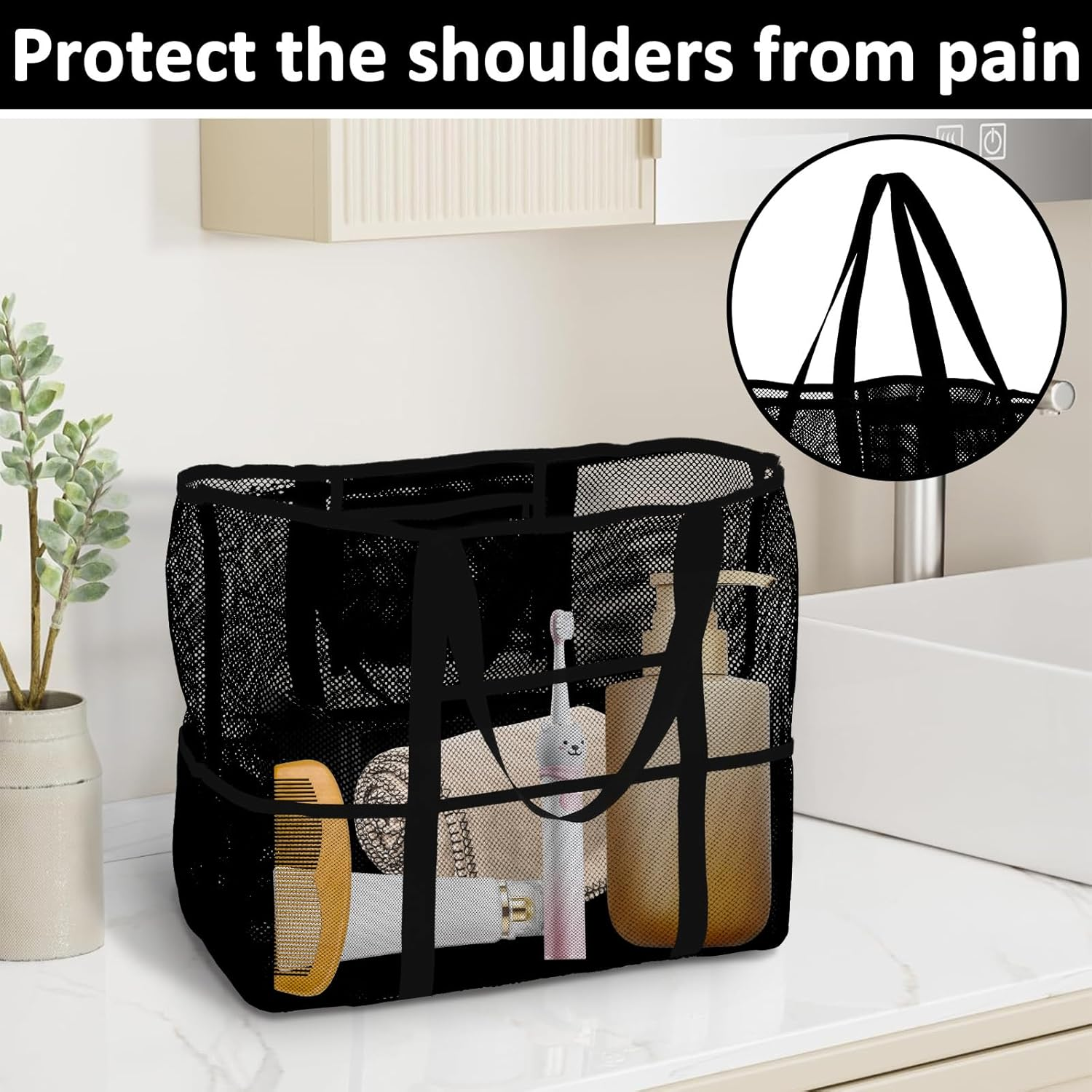 ZFLYCANP Portable Mesh Shower Bag Caddy with 8 Pockets and Handles, Toiletry Bath Organizer, Toiletry Bath Organizer for Bathroom Gym Travel Camp Beach (Black) image number 6