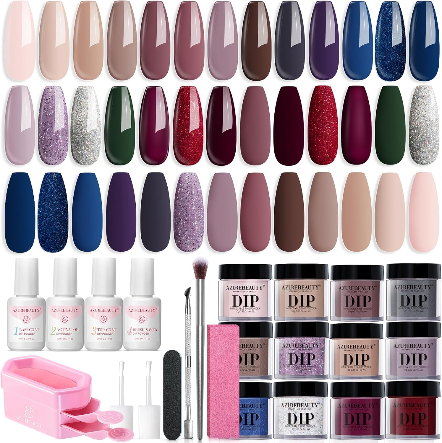 AZUREBEAUTY Dip Powder Nail Kit Starter 20 Colors Nude Brown Glitter Purple Blue Dipping Powder Liquid Set with Top/Base Coat Activator for French Nail Art Manicure DIY Salon Gifts for Women image number 6
