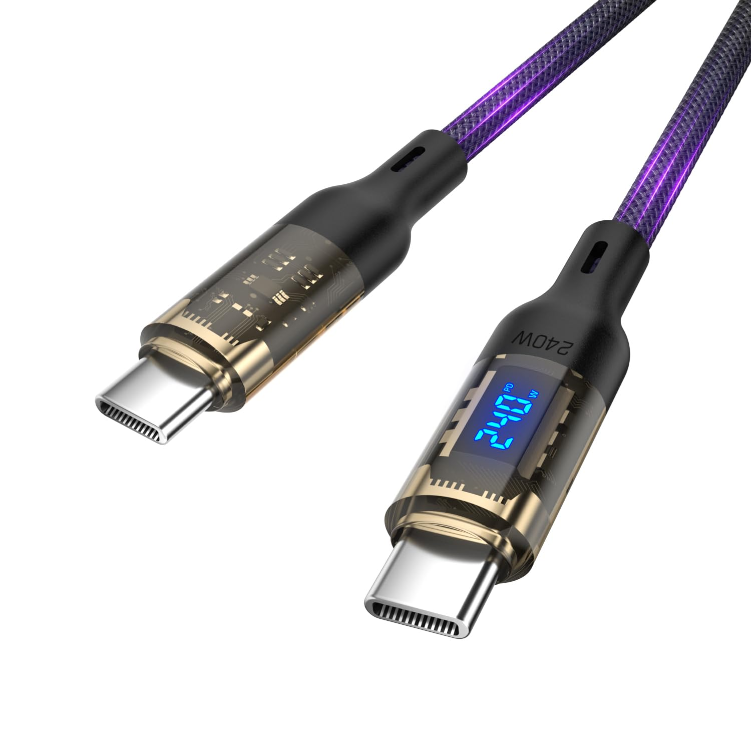 240W USB C to USB C Transparent Cable with LED Display Compatible with 140W 100W Fast Charging for Macbook Pro,Lphone15/15Pro/15Promax, Galaxy S23+/S23Ultra/S22,2M,Black image number 6