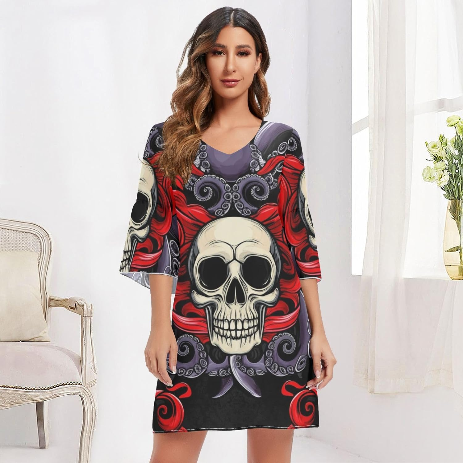 Funny Skull Red Purple Western a Line Dress Printed Line Maternity Dress S-XXL