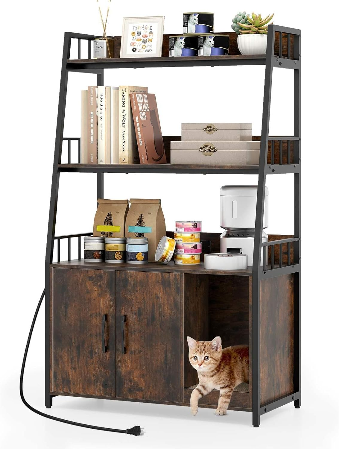 Costway Cat Litter Box Enclosure with Storage Shelves, Large Hidden Cat Washroom Furniture with Scratching Pad, Charging Station, Winding Entry, Indoor Tall Pet Cabinet Corner Shelf (Walnut + Black)