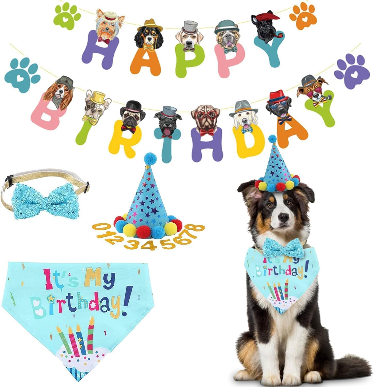 Dog Birthday Hat Bandana Party Decorations, Reusable Dog First Birthday Supplies with Banner Bowtie Numbers Crown, Cute 1St Large Puppy Girl Happy Birthday Outfit Shirt, One Size for Dogs Pet (Blue)