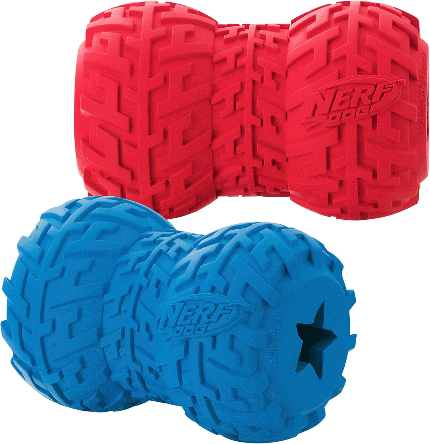 Nerf Dog Tire Feeder Dog Toy, Lightweight, Durable and Water Resistant, 4 Inches, for Medium/Large Breeds, Two Pack, Blue and Red image number 6