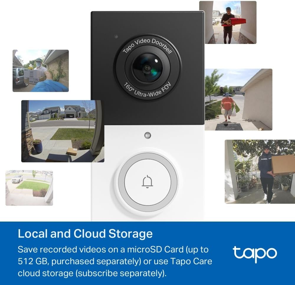Tp-Link Tapo Smart Battery Video Doorbell, Home Security System, 2K, 160&deg; FOV, Flexible, Head-To-Toe,Two-Way Video, AI Detection, Color Night Vision,Ring Call,Anti-Theft Alarm,Local Storage(Tapo D210)