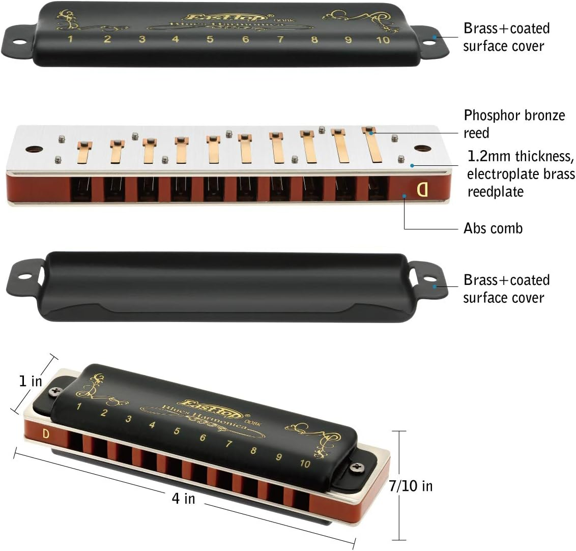 East Top Harmonica Key of Paddy D, 10-Hole Diatonic Blues Harmonica Mouth Organ with Case for Adults, Professionals, Beginner, Students and Kids,As Gift image number 6