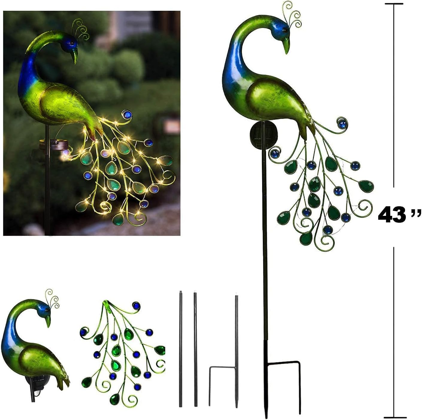 Solar Garden Lights Metal Peacock Garden Decor Waterproof Peacock Solar Stake Lights for Outdoor Patio Yard Decorations - Peacock image number 4