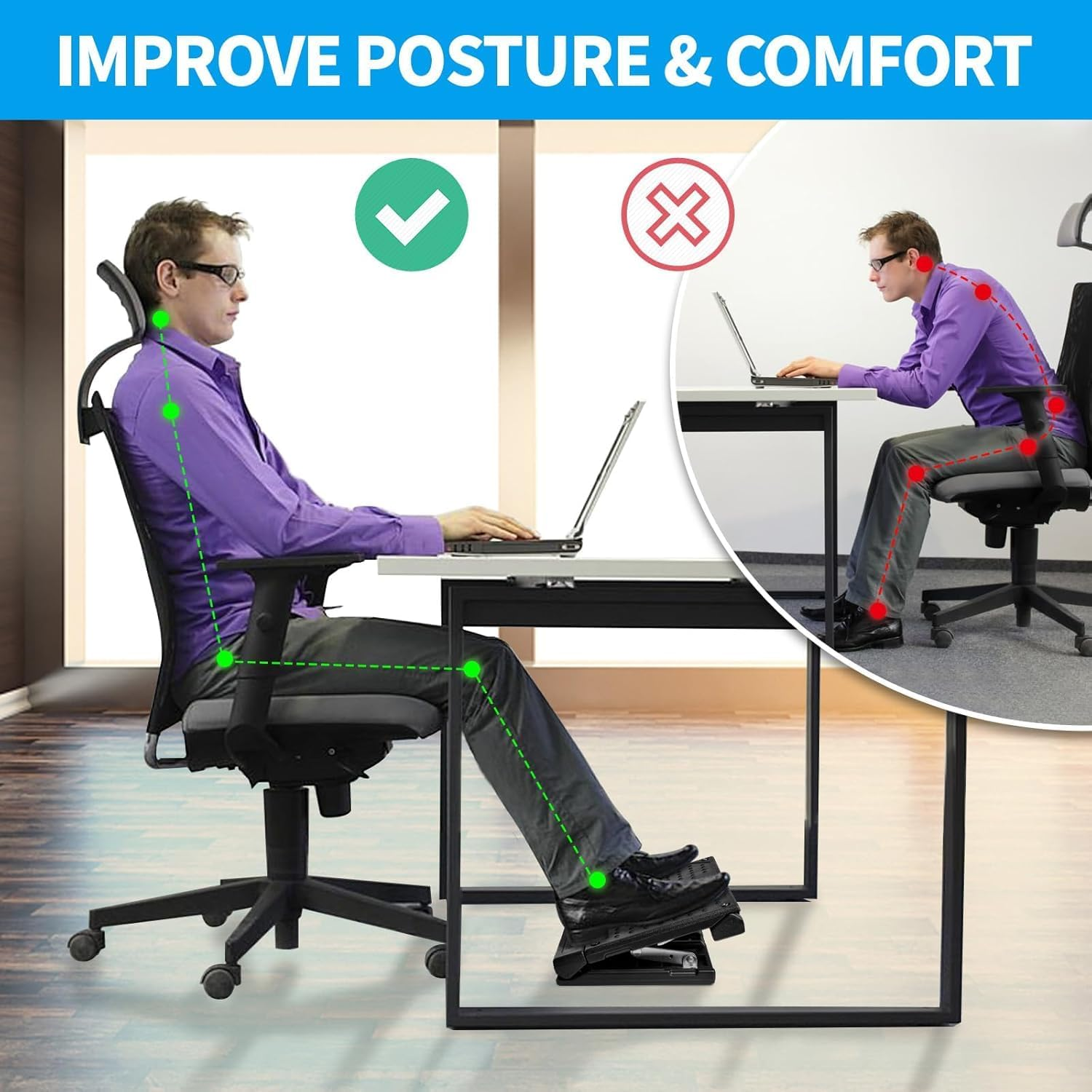 Large Panel Foot Rest under Desk, Infinite Adjustable Footrest with Massage for Office Home, Ergonomic Footrest Stool Height Angle Adjustable image number 4