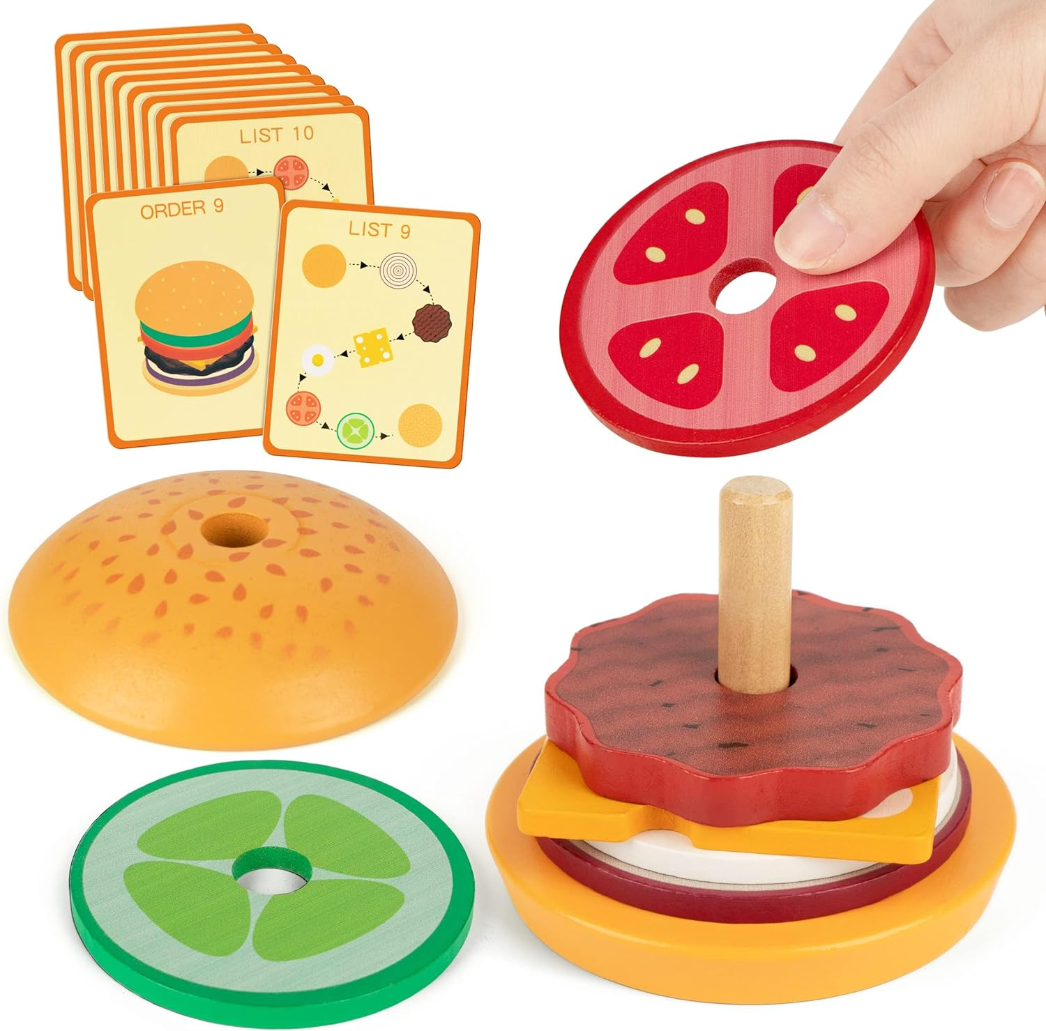 Vanmor Wooden Stacking Burger Montessori Toy for 3+ Years Old, Pretend Playing Food Hamburger Puzzle Pattern Games, Educational Activities Teaching Tool for Preschool Fine Motor Skills for 3 4 5 image number 3