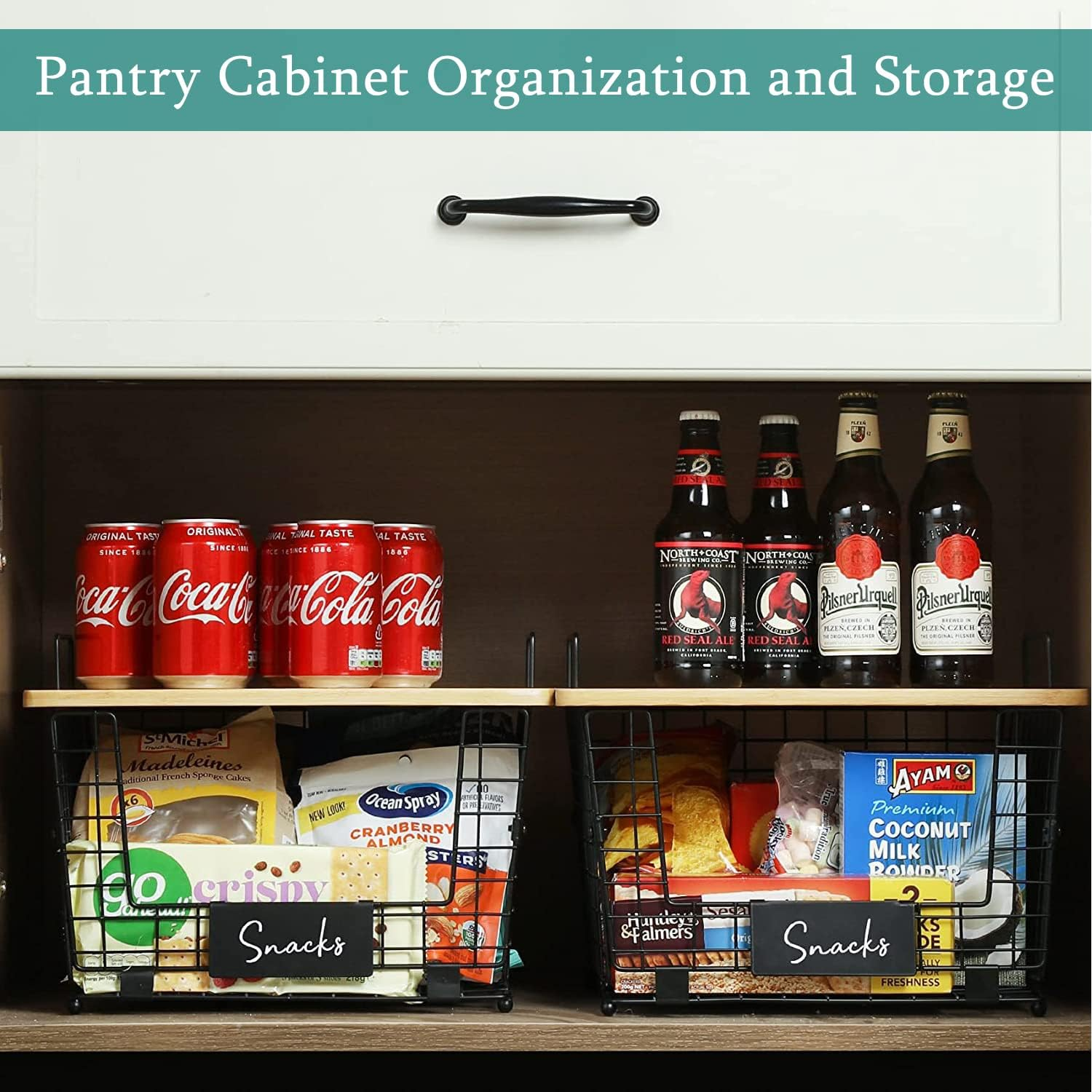 BYUNER Kitchen Counter Basket with Bamboo Top Potato Storage Pantry Cabinet Organization Countertop Organizer Fruit Vegetable Bread Wire Basket Cabinet Pantry Storage 2Pcs image number 5