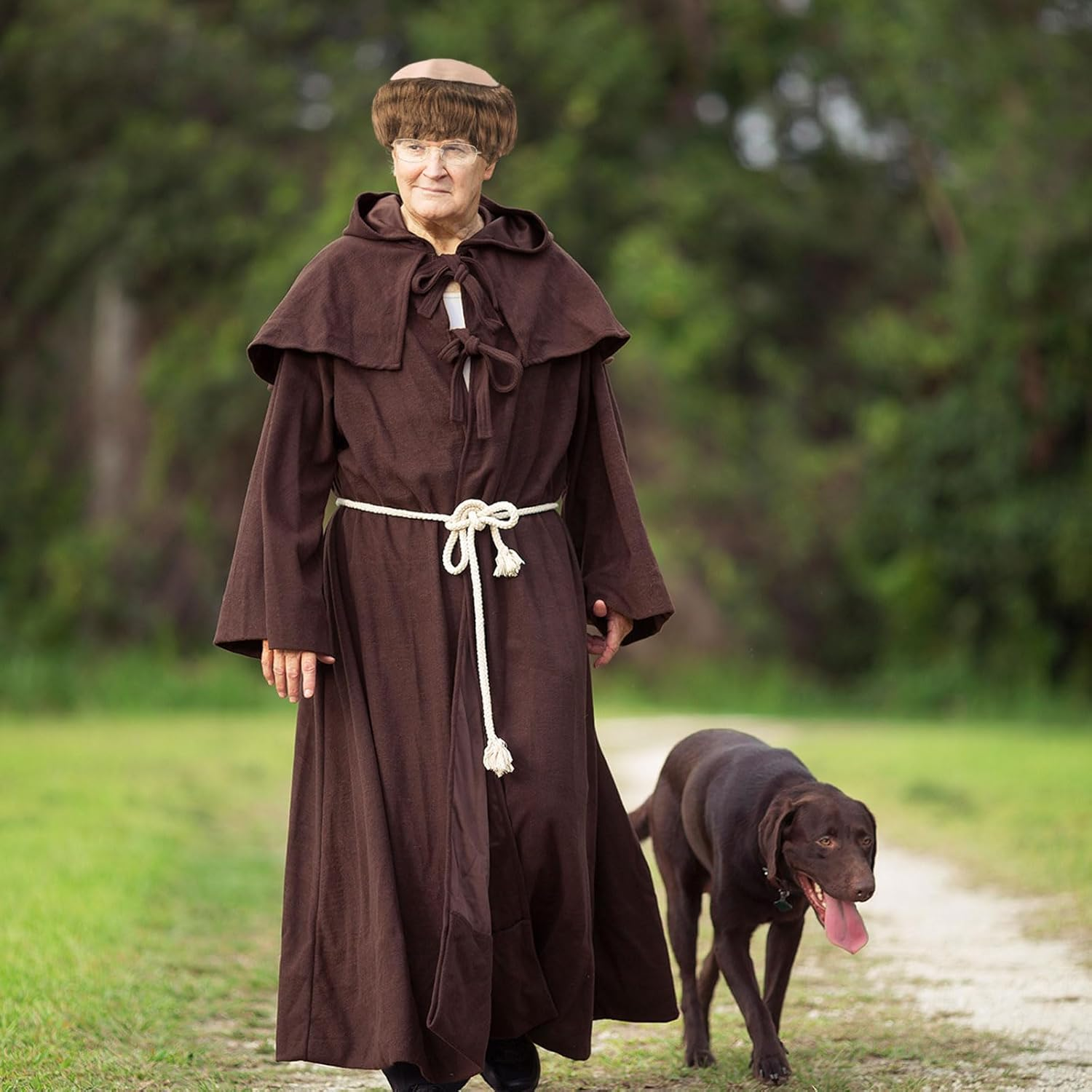 Bald Head Cap Funny Wig for Adults Men Women, Latex Bald Wig Cap Grandpa Glasses, Monk Costumes with Brown Friar Hair Bowl Cut, Men'S Old Man Fancy Dress up Party Halloween Cosplay (Brown) image number 2