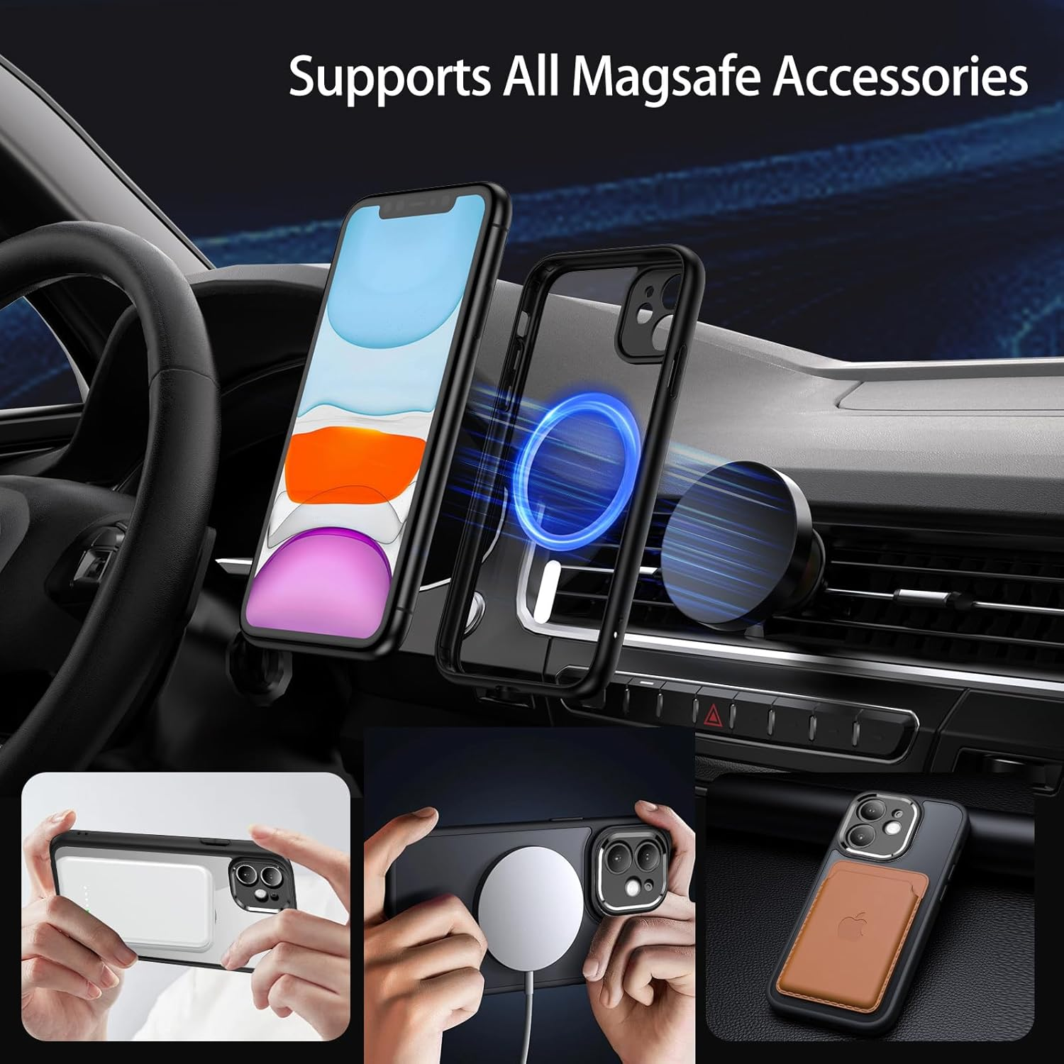 Magnetic Case for Iphone 11 6.1 Inch,Compatible with Magsafe,[2-Pack Tempered Glass Screen Protector] Full-Body Shockproof Protective,Camera Protection Bumper Slim Phone Cover (Black) image number 2