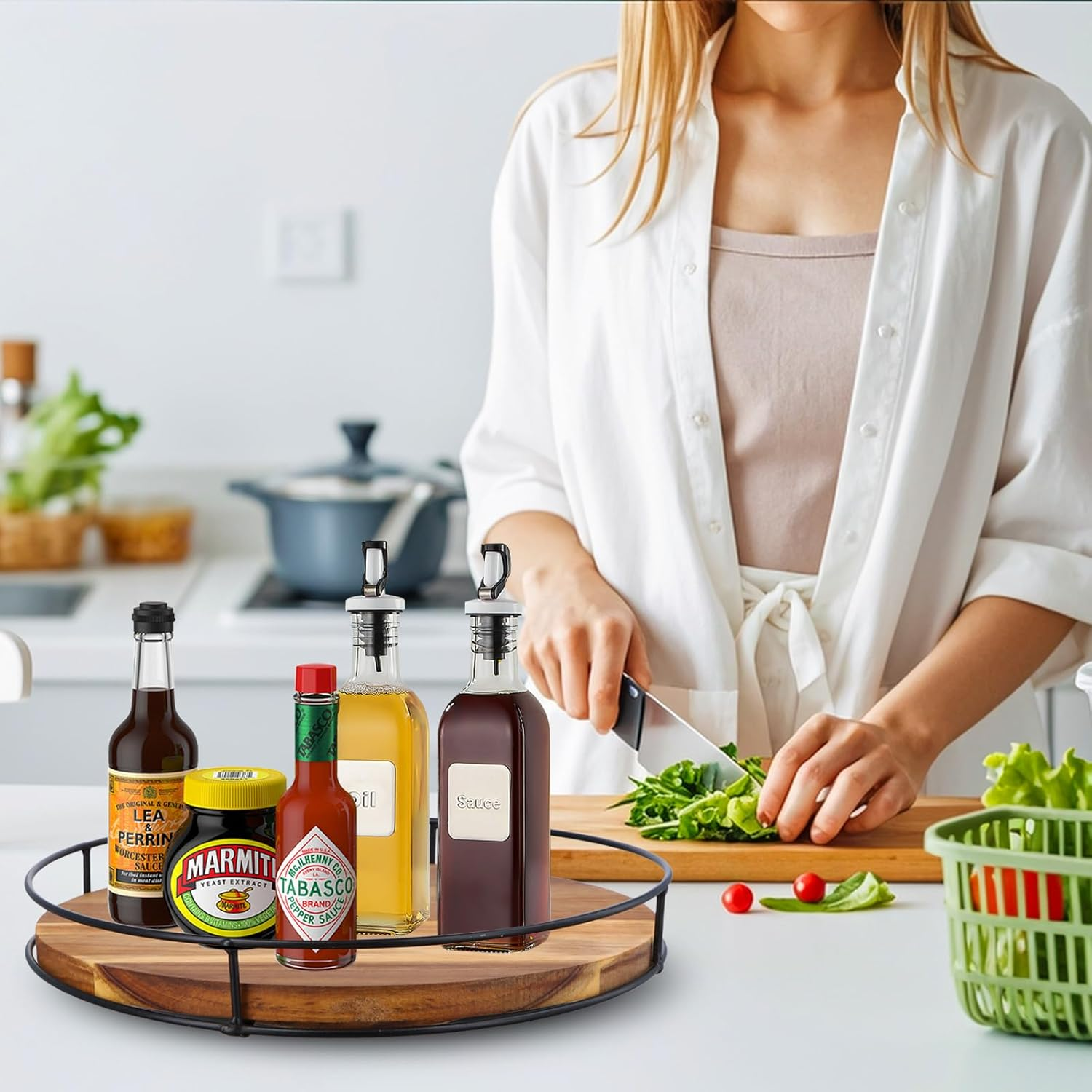 Large Turntable Spice Rack, 30Cm, Non-Slip, 360&deg; Rotating Wood Pantry Cupboard Organiser, round Display Tray, Kitchen Storage Organisation for Bathroom Countertop Cabinet Fridge Table image number 3