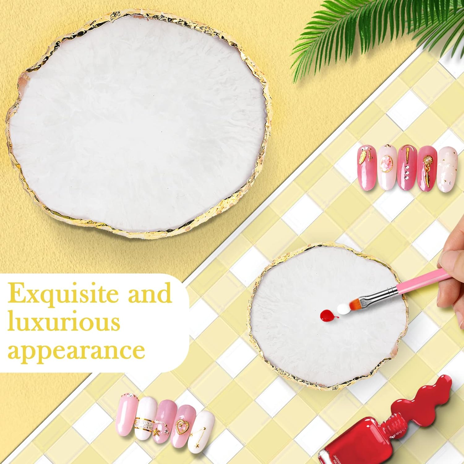 YUNAI Resin Nail Art Palette, Gold Edge Nail Art Painting Plate for Makeup, Nail Paint Palette Resin, Nail Tip Holder, Nail Art Display (White) image number 4