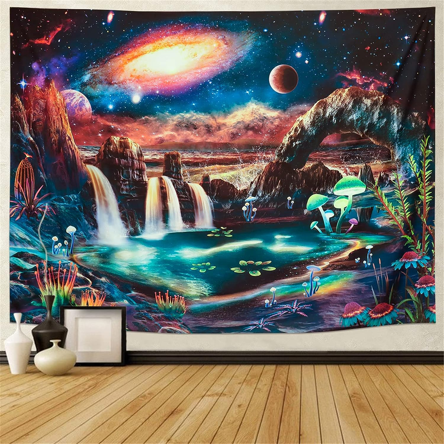 Blacklight Galaxy Tapestry Trippy Planet UV Reactive Waterfall Landscape Fantasy Mountain Wave Wall Mysterious Neon Mushroom Plants Hanging for Room, M/51.2'' &times; 59.1'' image number 5