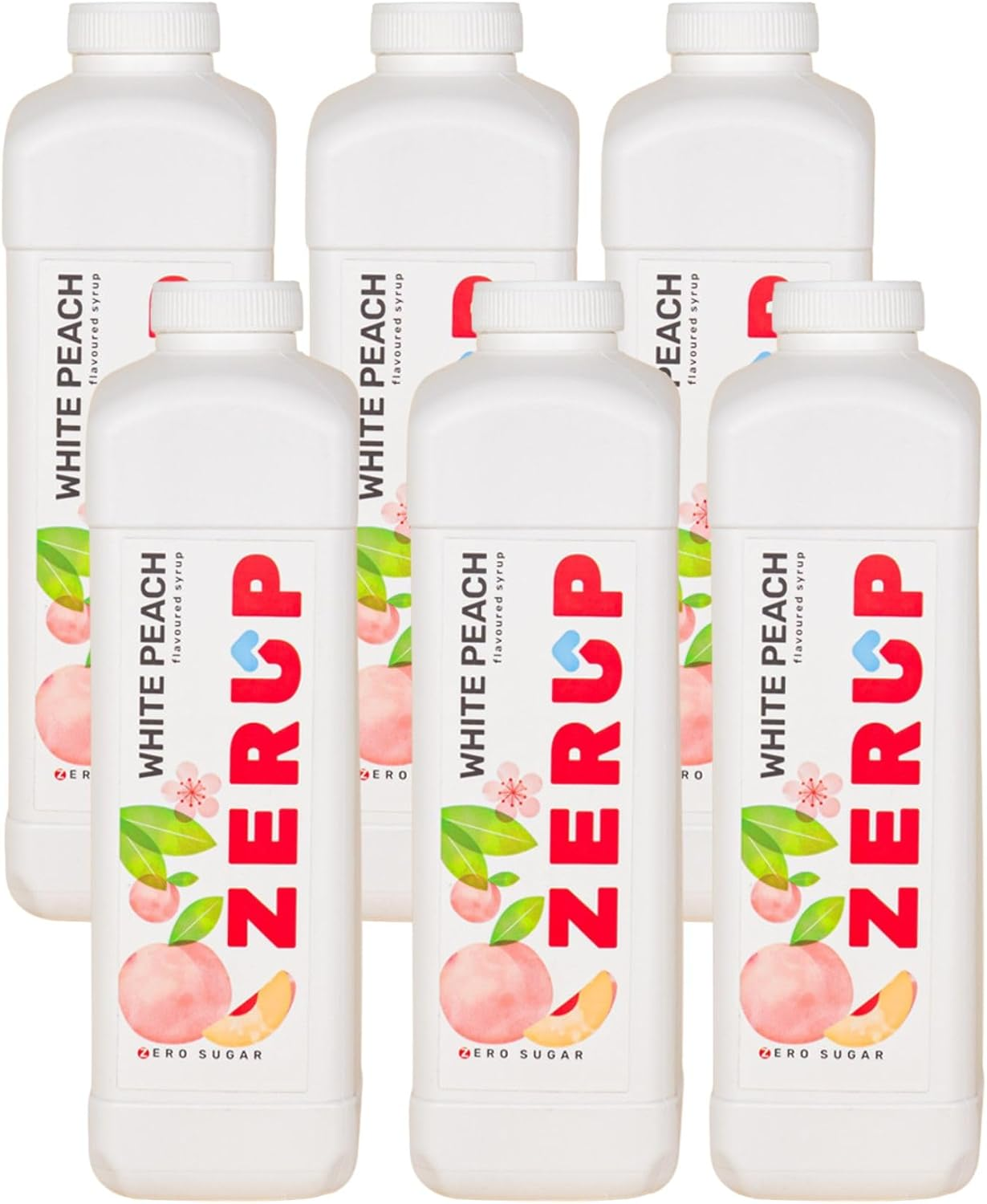 Zerup Zero Sugar White Peach Flavoured Syrup 6 X 1L Bottles, Sugar Free Syrup, White Peach Flavour Drink Mix, Low Calorie Flavourings for Milk Shakes, Cocktails, Teas, Gluten Free, Keto Friendly, Halal