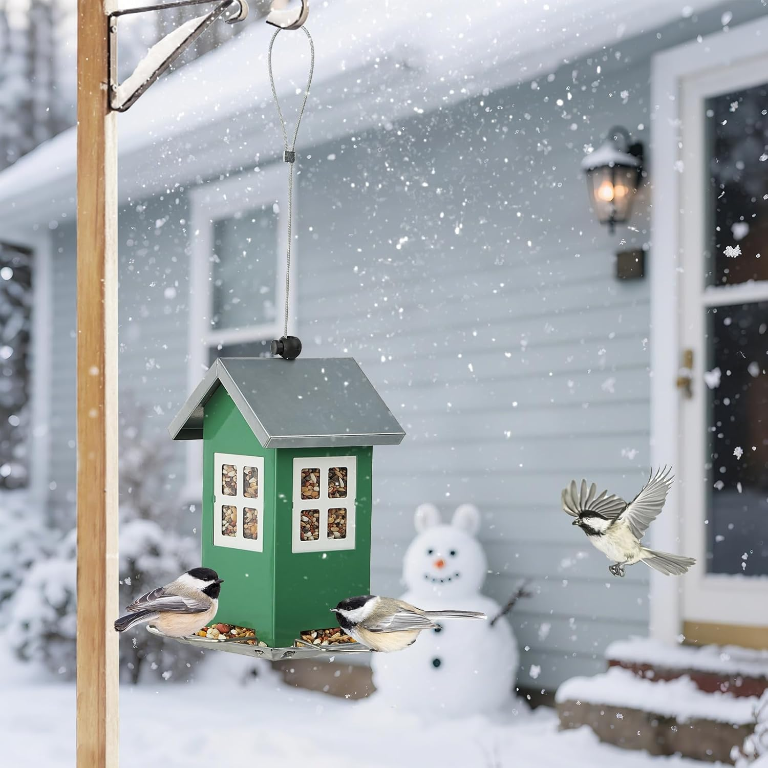 Small Metal Bird Feeders for Outdoors, Cute House Shape Bird Feeder with Window Design, Garden Terrace External Hanging Decorative Birdfeeder for Finch Sparrow Little Birds - Premium Green image number 6