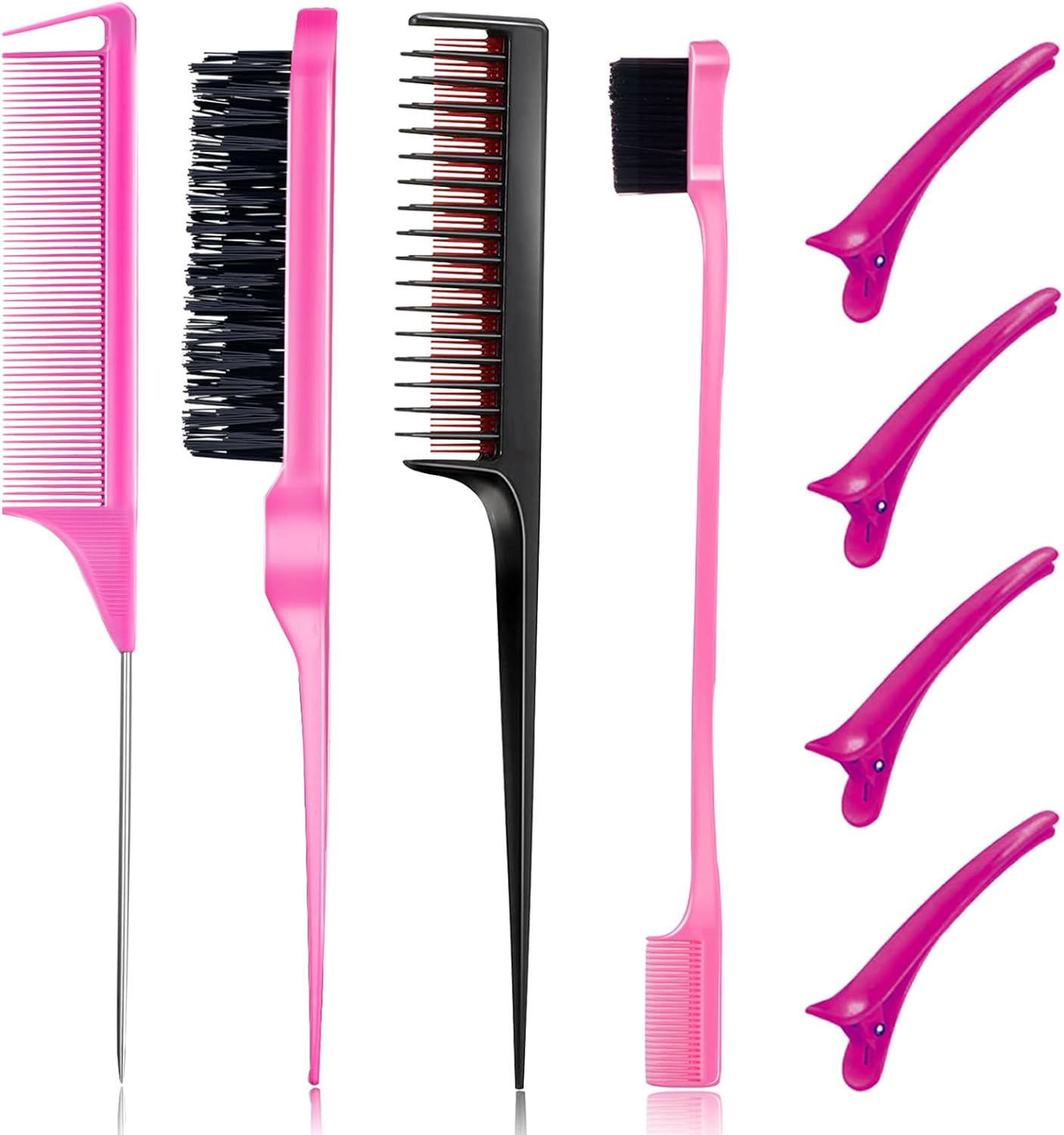 8 Pieces Styling Comb Set - Teasing Brush, Rat Tail Comb, Edge Brush for Slicking and Combing Hair for Women (Pink) - Black image number 3
