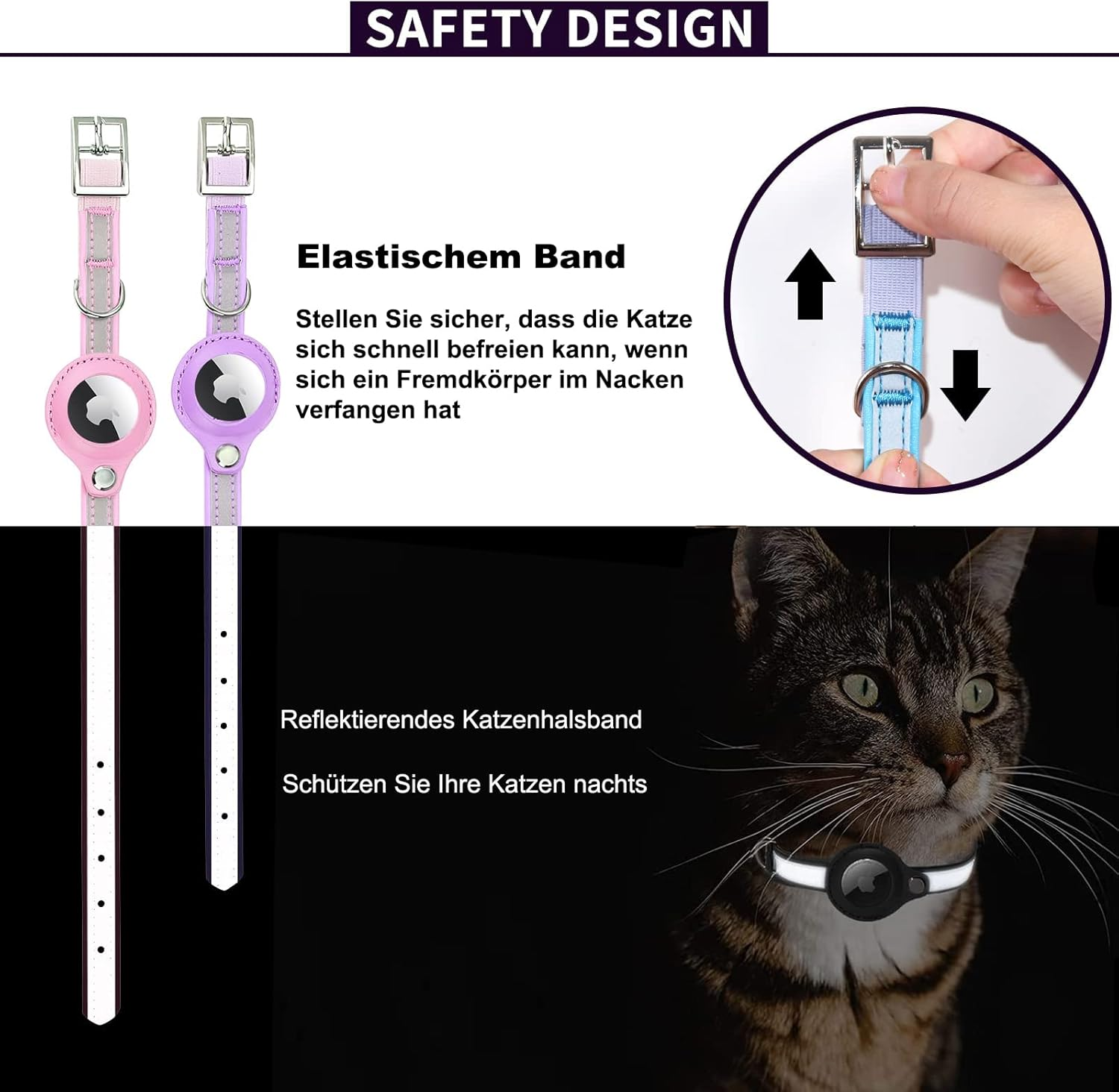 Airtag Cat Collar, Leather Airtag Collar Cat, Reflective Adjustable Cat Collar, Airtag Case for Tracking Cat, Anti-Lost, Airtag Cat for Large/Medium/Small Cat (XS, Black image number 2