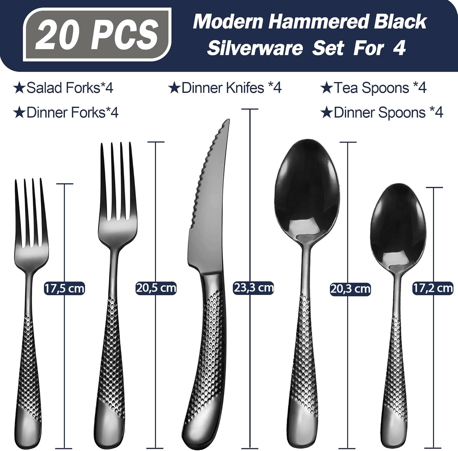 SHEUMNT 20 Piece Hammered Black Silverware Set, 18/10 Stainless Steel Flatware Set, Modern Golden Kitchen Utensil Set Service for 4, Tableware Set, Cutlery Set Including Fork Spoon and Knife - Black image number 3