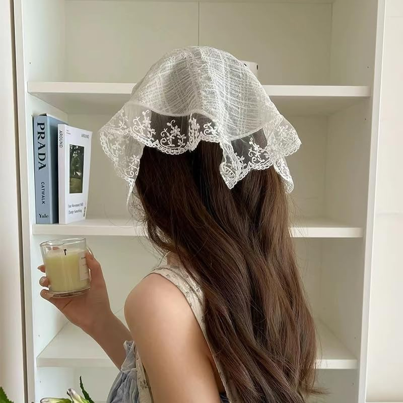 White Lace Bandana Hair Scarf Headwear French Headband Hairband for Women Girls Dog Triangular Head Wraps Head Covering Hair Bandanas Tie Hair Scarves Holiday Vacation Hair Accessories image number 2