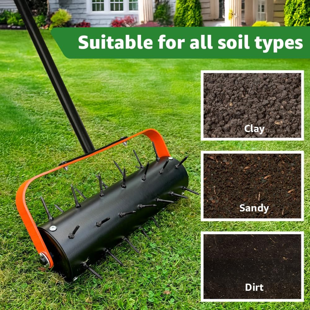 Rolling Lawn Aerator, Heavy Duty Manual Aerator Tool with Spikes, Lawn Spike Aerator Roller with Handle,Filled Sand Stone Soil Lawn Aeration for Maintaining Garden Yard Soil image number 3