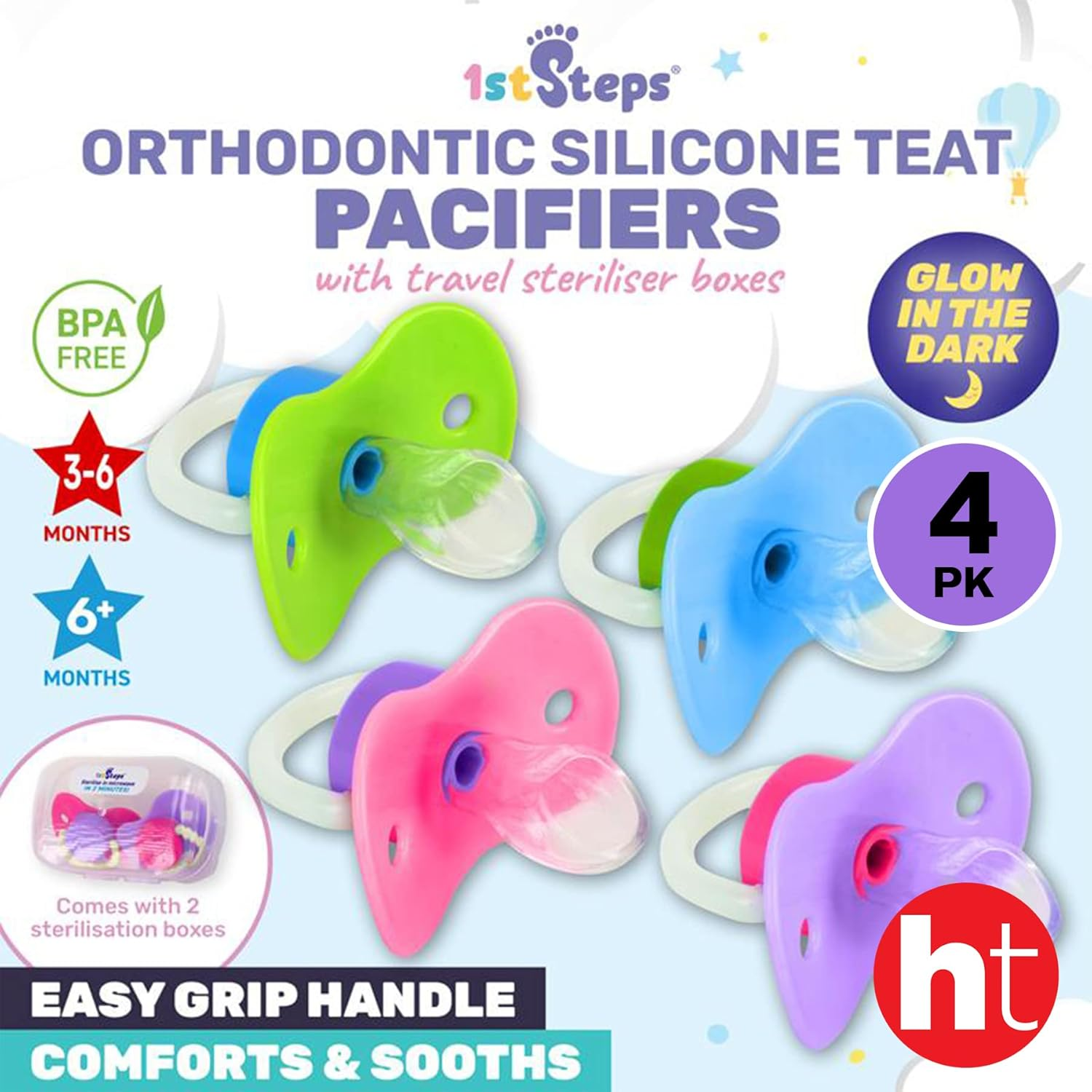 [4PK] 1St Steps Glow in the Dark Orthodontic Pacifiers, Made from Non-Toxic Materials, Dishwasher and Microwave Safe, Easy Grip Handle, Carry Case to Keep Pacifiers Clean and Germ Free, Provide Comfort and Soothe Your Baby image number 3