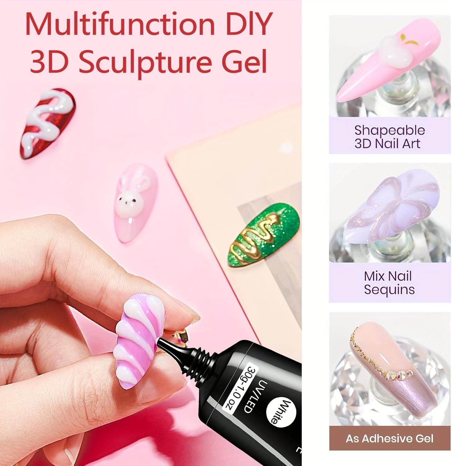 3D Nail Gel Art - 30G White Nail Sculpting Gel for Nails Tips,Molding, Drawing, Nail Charms & Gems, Chrome Powder and Rhinestone Design No Wipe, UV Curing Needed Salon & DIY Use image number 2