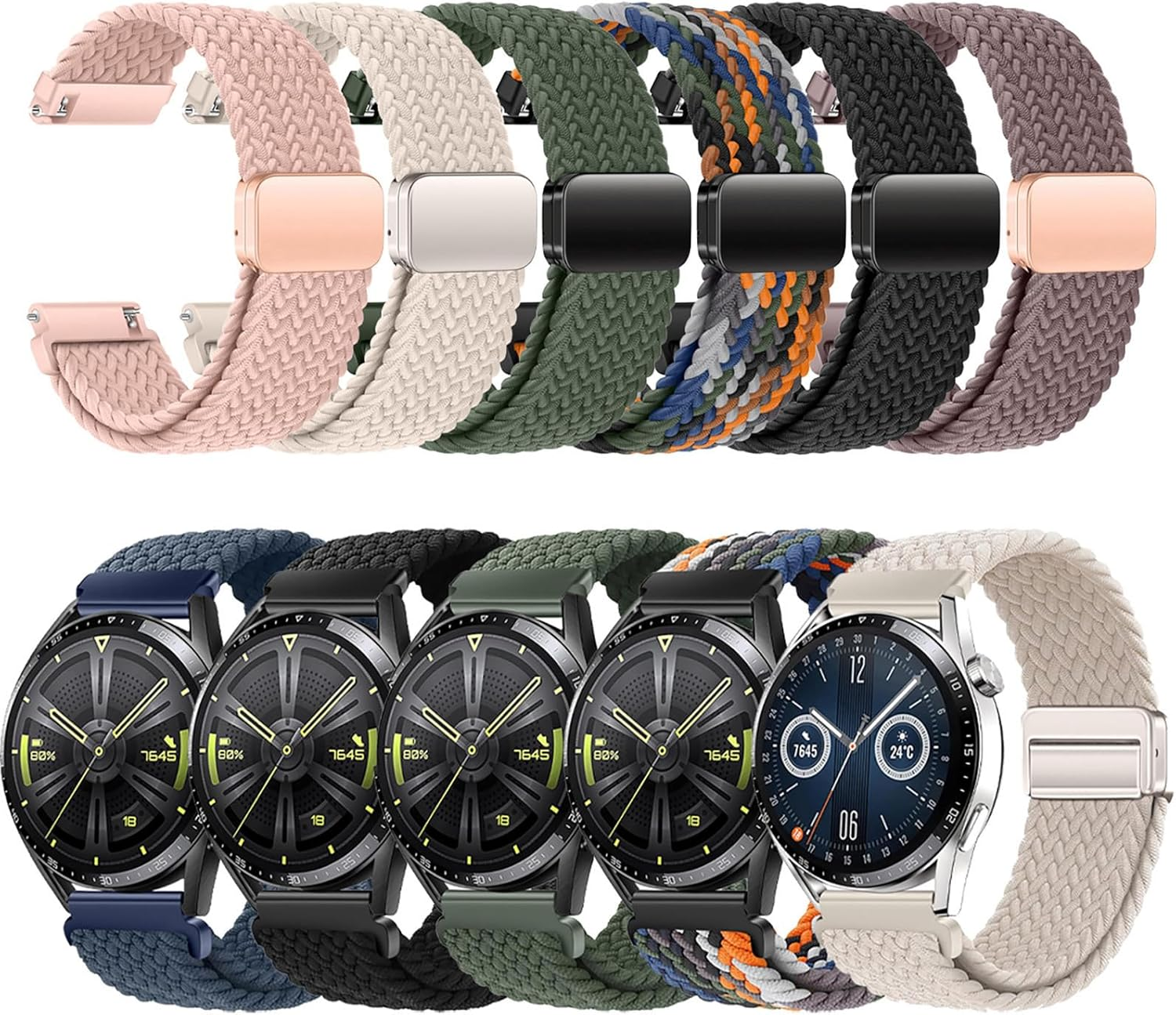 GIOPUEY Magnetic Bracelet Compatible with Huawei Watch GT 6 Pro 46 Mm, Braided Nylon Strap [Unisex] Elastic Replacement Strap - Beige image number 4