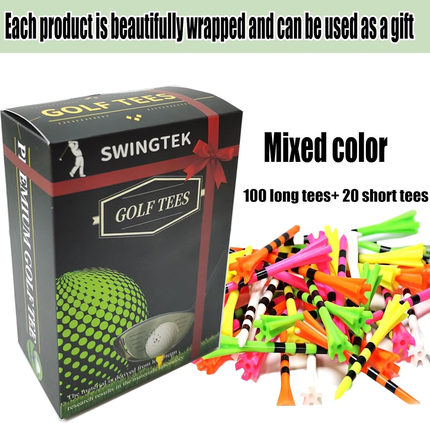 SWINGTEK 120 Pack Plastic Golf Tees,Contain 100 Pcs 3-1/4 Inch Unbreakable Long Tees and 20 Short Tees,Mixed Color,Frictional Resistance Reduction image number 1