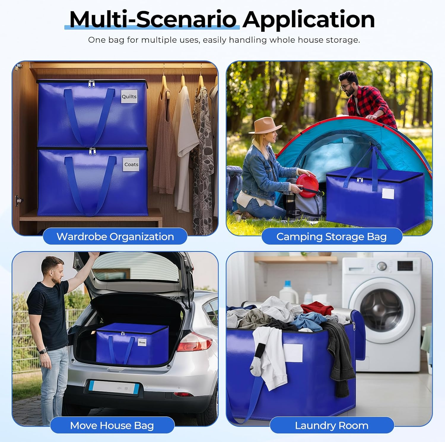 Focenat 93L Large Woven Storage Bag, Pack of 6 Moving Bags with Handles and Zips, Waterproof Transport Bag, Moving Bags for Moving Duvets, Clothes Storage (Blue)