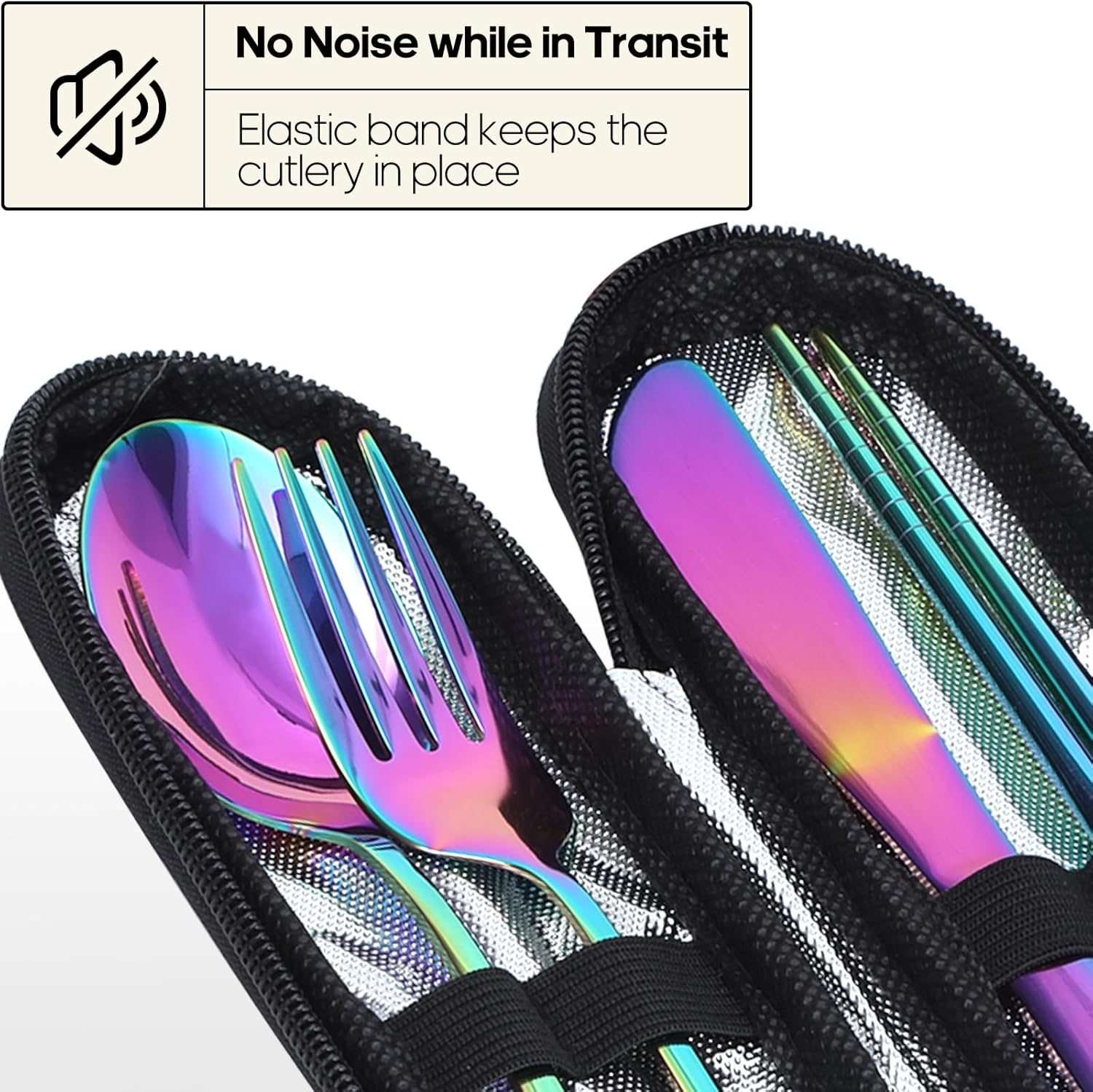 Travel Utensils with Case, Quatish Portable Utensil Set for Work, Stainless Steel Reusable Travel Cutlery Set, Spoon and Fork Set for Camping, Picnic, Gadgets, Men Lunch Box, Rainbow - Black image number 5