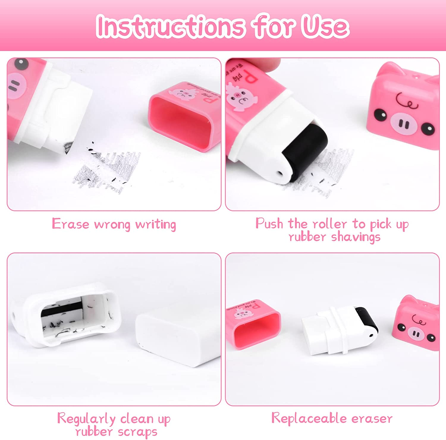 SAYEEC Cute Pencil Erasers, Cartoon Animal Themed Erasers with Cover and Roller, Removal Pencil Eraser Shaving Roller Case Eraser for Kids School Office Stationery Supply Party Gift (6 Pack) image number 6