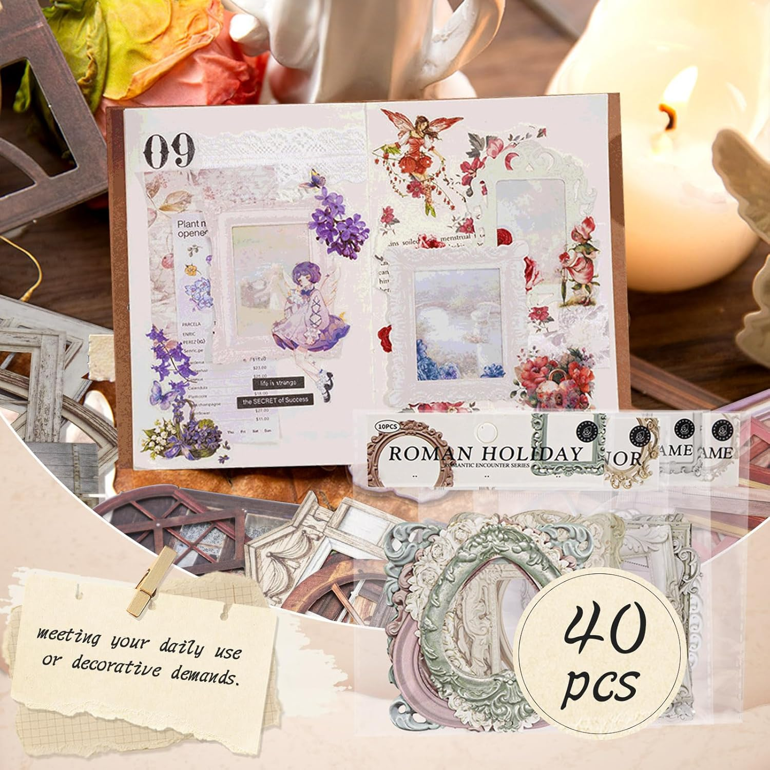 Vintage Scrapbook Frames Cutout - 40Pcs Decorative Paper Cutouts for Scrapbooking Supplies and Photo Embellishments image number 2