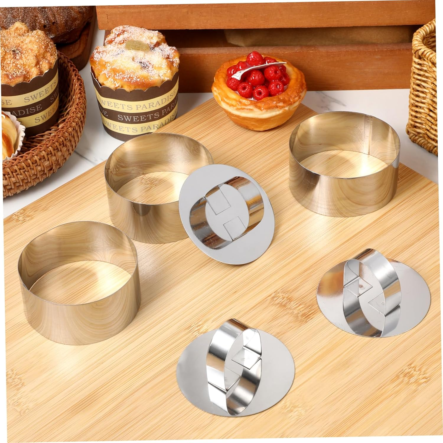 Stainless Steel Cake Molds Set of 8 8Cm Wide 4Cm High round Cake Rings with Pushers for Mousse and Pastry Baking image number 2