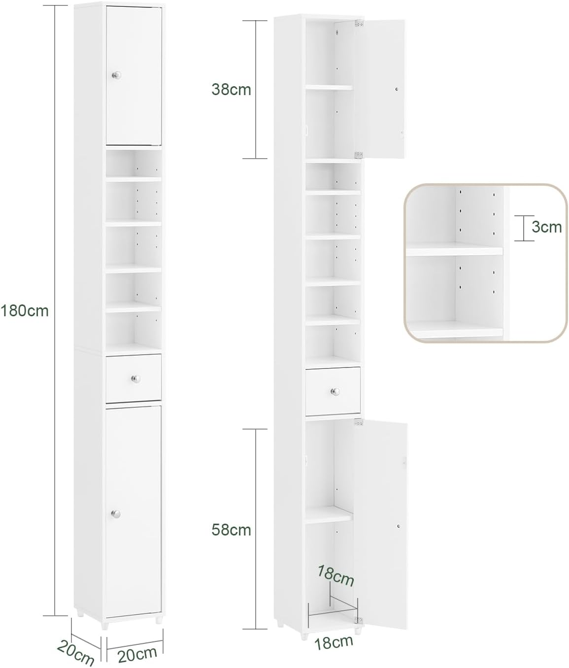 Sobuy 180Cm Tall Slim Bathroom Storage Cabinet, Freestanding Floor Standing Cupboard with 2 Doors & 5 Adjustable Shelves, Space Saving White Organizer BZR34-W image number 5
