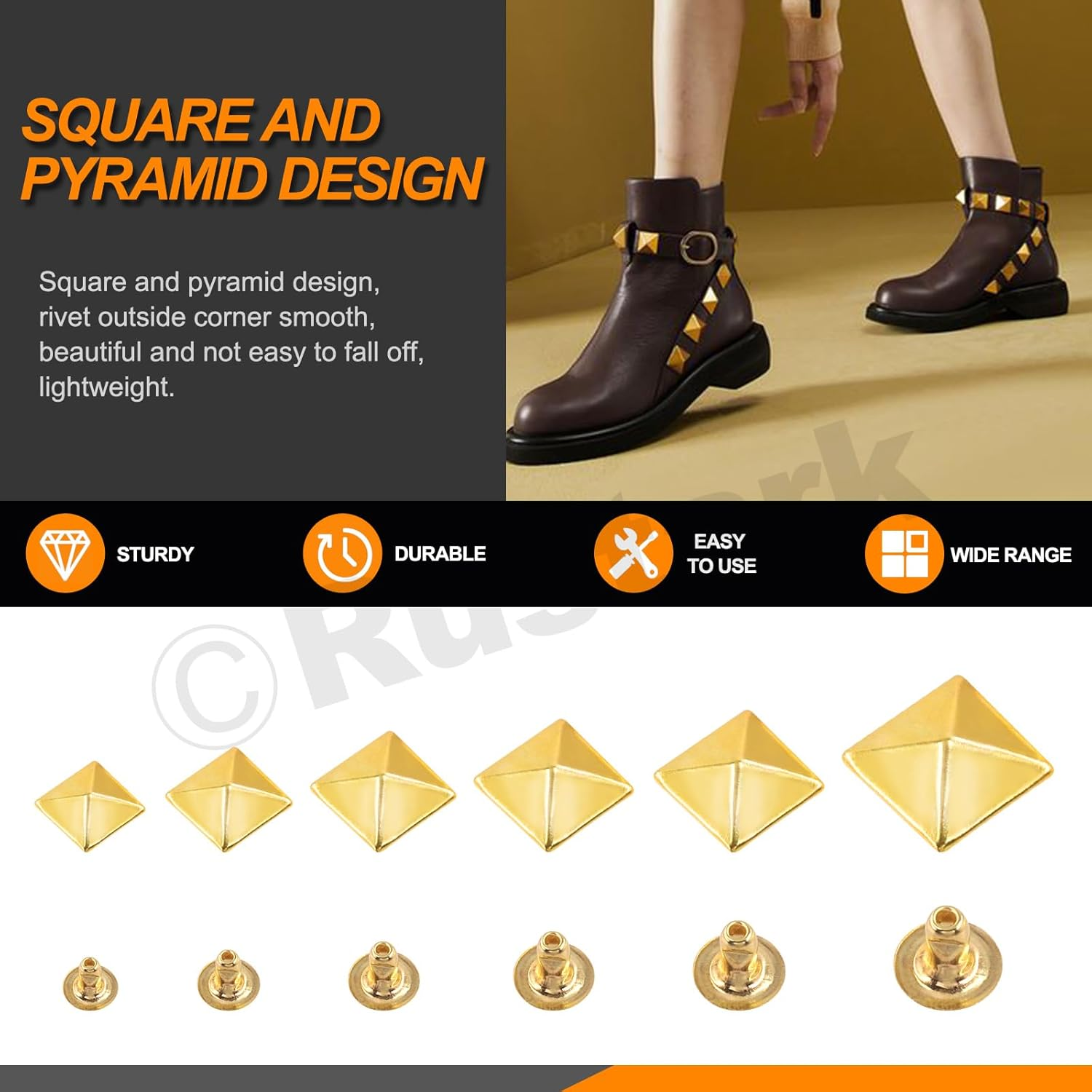 Rustark 150 Sets 6 Sizes 6Mm 7Mm 8Mm 9Mm 10Mm 12Mm Silver Pyramid Rivet Square Leather Rivets Kit Metal Studs Pyramid Rapid Rivet Studs Assortment Kit for DIY Leather Craft Decorations image number 6