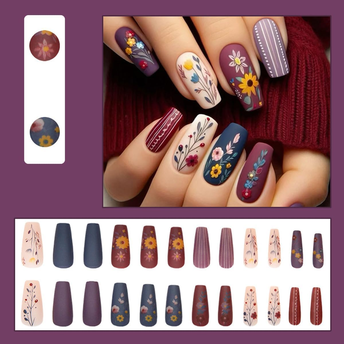 LYMCY Press on Nails French,Vintage Frosted Flower Stripe False Nails, Artificial Nails for Women and Girls -24 Pcs image number 2