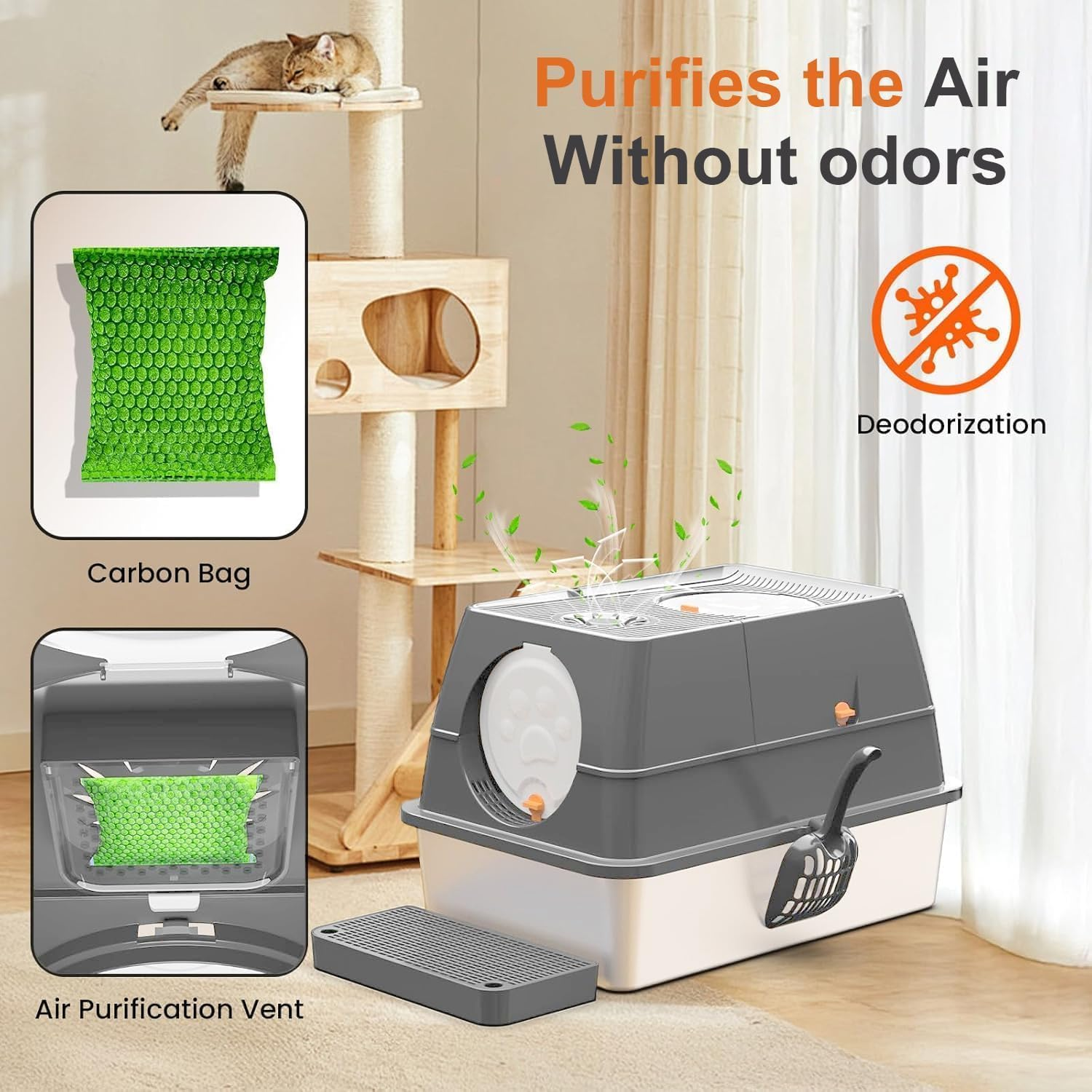 ZALLUC Stainless Steel Cat Litter Box with Lid, Flip-Top Extra Large Cat Litter Pan, Enclosed Metal Litter Box with Litter Scoop & Filter Pedal, Anti-Leakage, Odor Free, Front & Top Dual Entry(Grey) image number 5