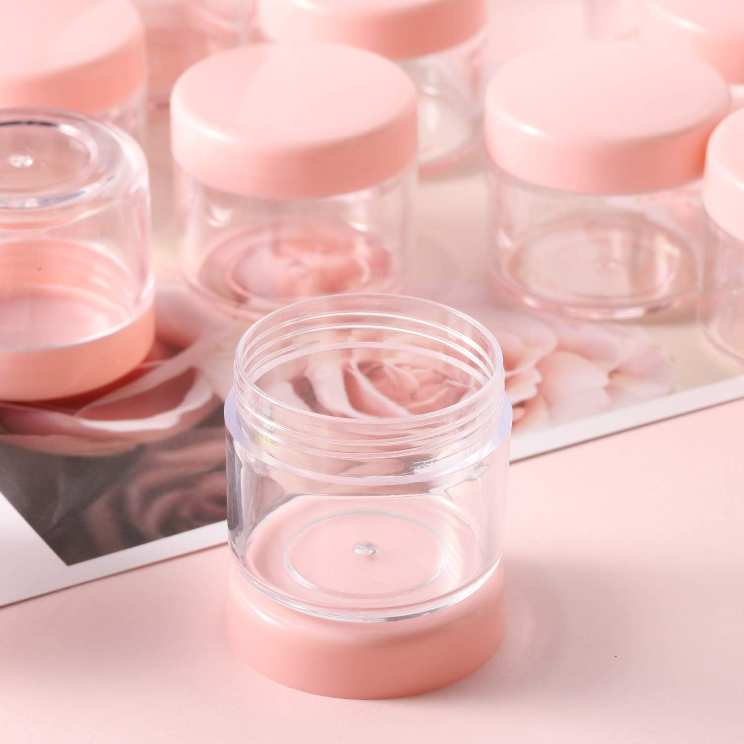 100 Pcs 20G Plastic Sample Cosmetic Containers with Lids and 10 Pcs Mini Makeup Spatula，Refillable Cosmetic Jars Lip Scrub Containers for Skincare - Pink image number 2