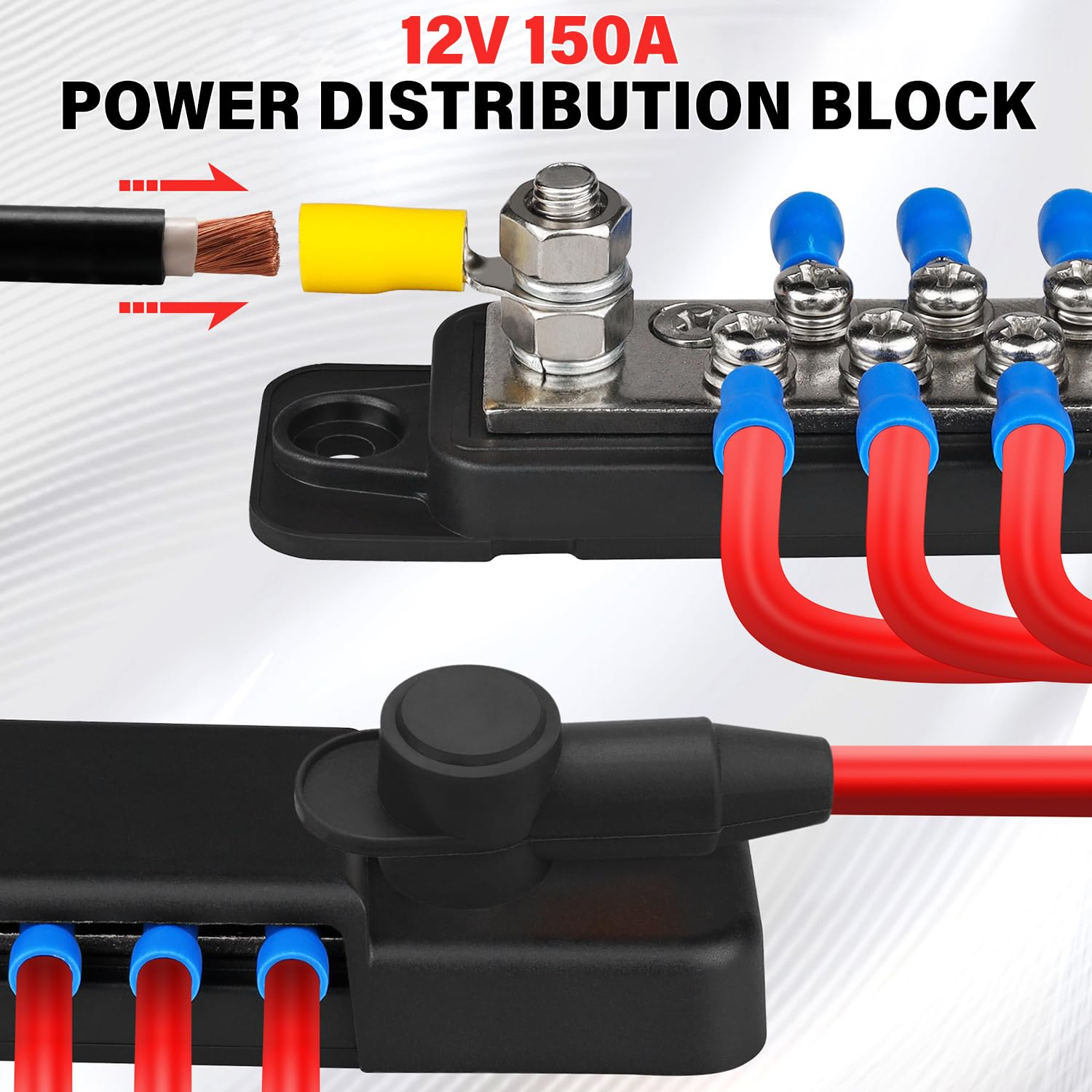 12V 150A Power Distribution Block, 1/4" Stud Marine Bus Bar with 34Pcs Terminal & 2Pcs Protective Cases, Battery Terminal Block for Boat Automotive Solar Wiring (Black+Red) image number 3