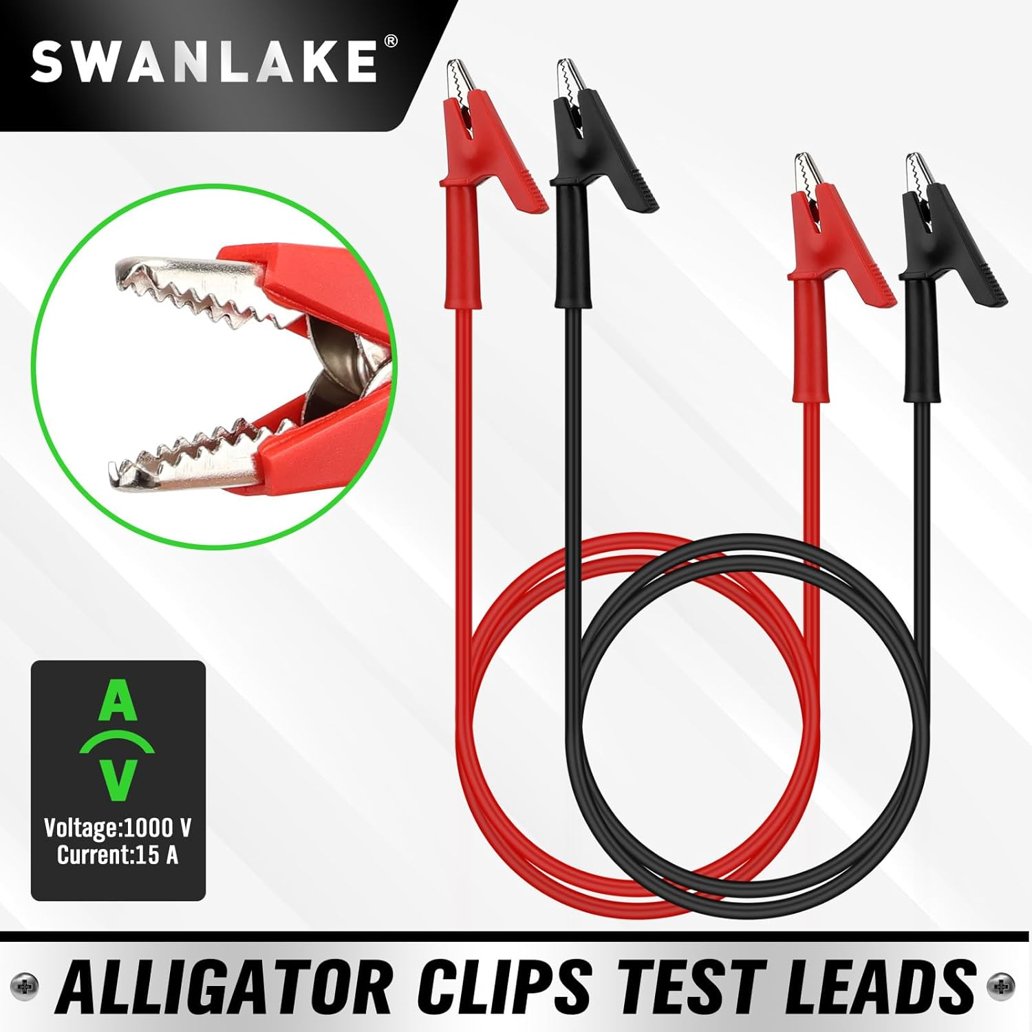 SWANLAKE 2-Piece Dual-Ended Alligator Clip Test Leads, 1000V 15A 3.5Ft/1M Electrical Alligator Clips, Flexible Copper Cable Crocodile Clip, Electrical Wires with Gator Clips image number 6