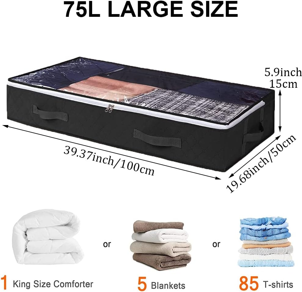 Under Bed Storage Containers, 4-Pack Large Capacity Underbed Storage Bags Organizer, Thick Fabric Storages Bins with Clear Window and Handles for Blanket, Comforter, Bedding, Clothes, Black - Black image number 3