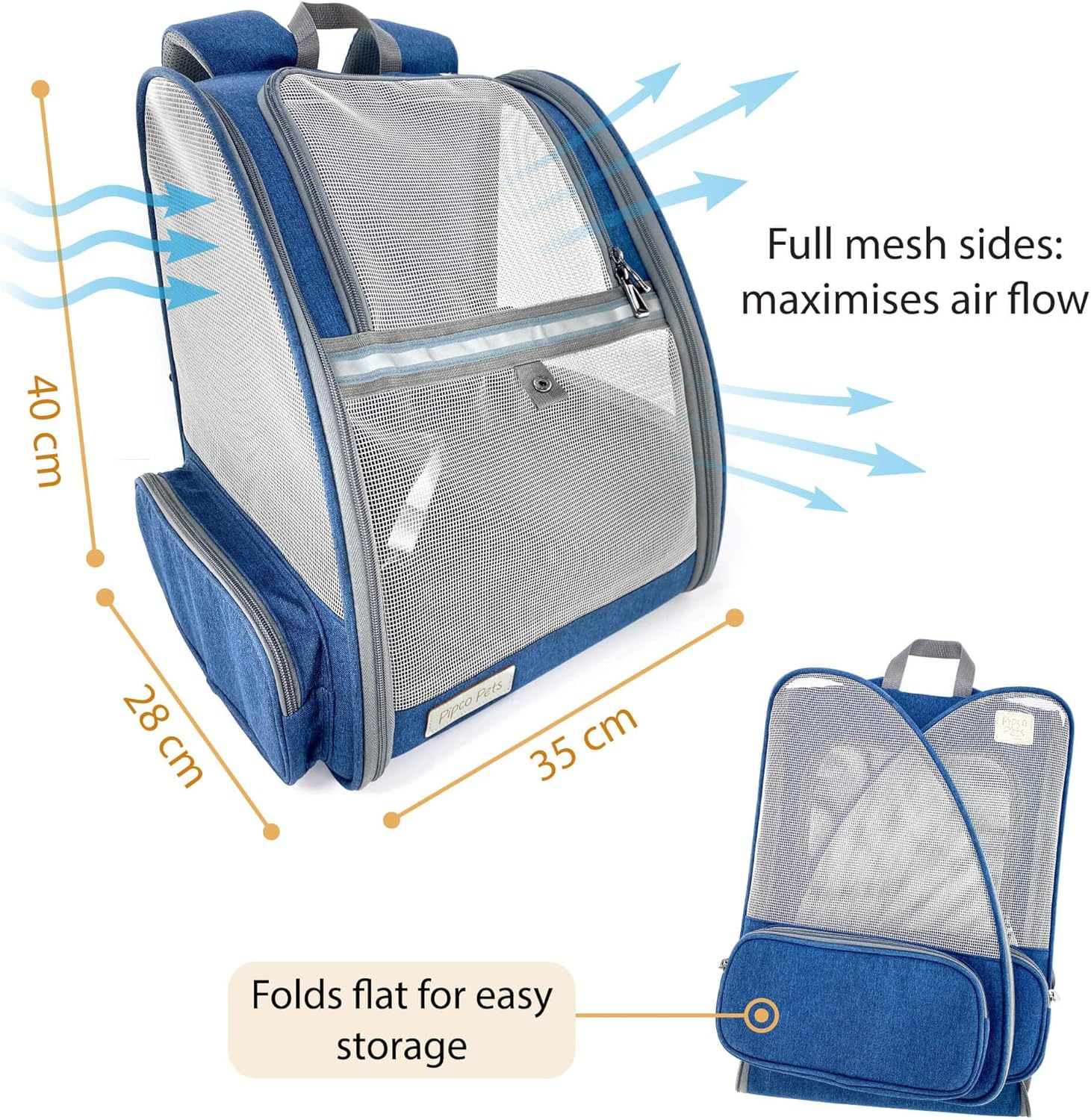 PIPCO PETS - Backpack Carrier for Dogs, Cats, Rabbits, Small Pets | Pet Travel Bag for Walking, Hiking, Cycling, Biking | Mesh Ventilation, Comfortable Padding, Collapsible Design (Denim Blue) image number 3