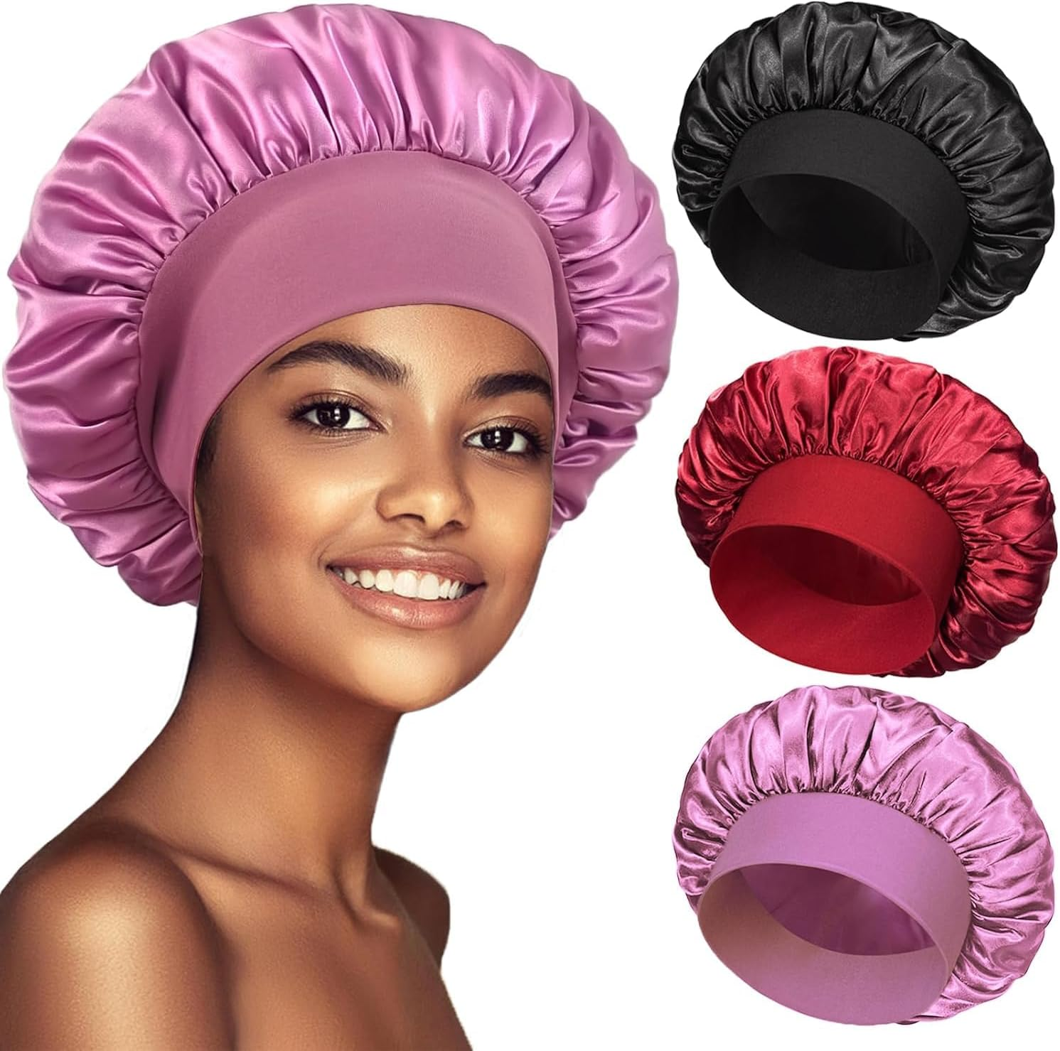 3 Pack Satin Bonnet Silk Hair Bonnet for Sleeping, Soft Elastic Band Silk Sleep Cap,Non-Slip, Wrap for Long Curly Hair